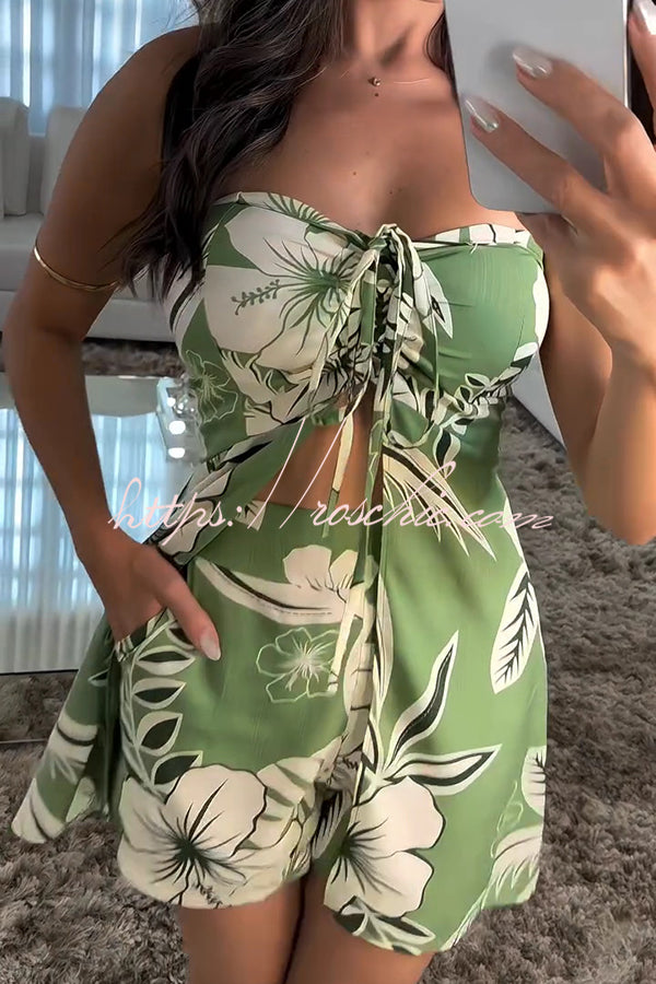 Print Bandeau Drawstring Top and Elastic Waist Pocket Shorts Set