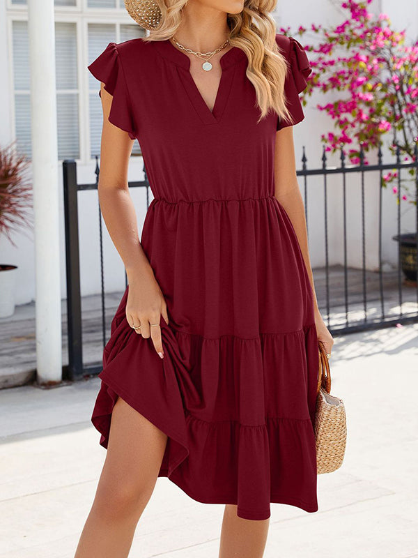 Loose Ruffle Sleeves Pleated Pockets Color Split-joint V-neck Midi Dresses