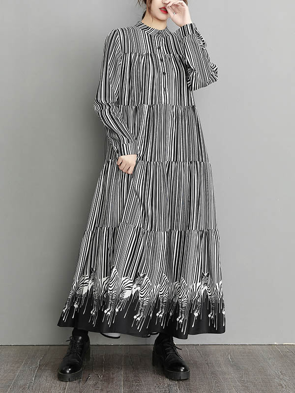Loose Striped Buttoned Stand Collar Long Sleeves Midi Dress