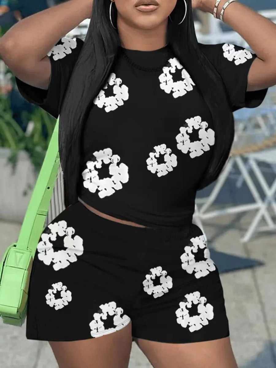 Round Neck Print Shorts Set New in Flower Print Short Sleeve Two Piece Pants Set Daily Matching Suit for – Print Two Piece Pants Set