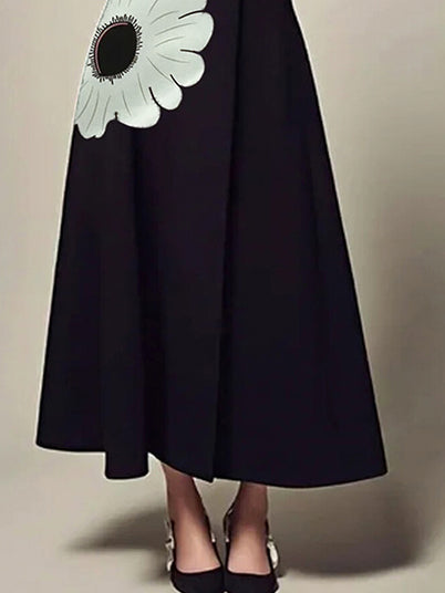 A-line Long Sleeves Flower Print High Neck Midi Dresses