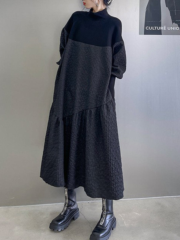 A-line Long Sleeves Asymmetric Color Split-joint High-neck Midi Dresses Sweater Dresses