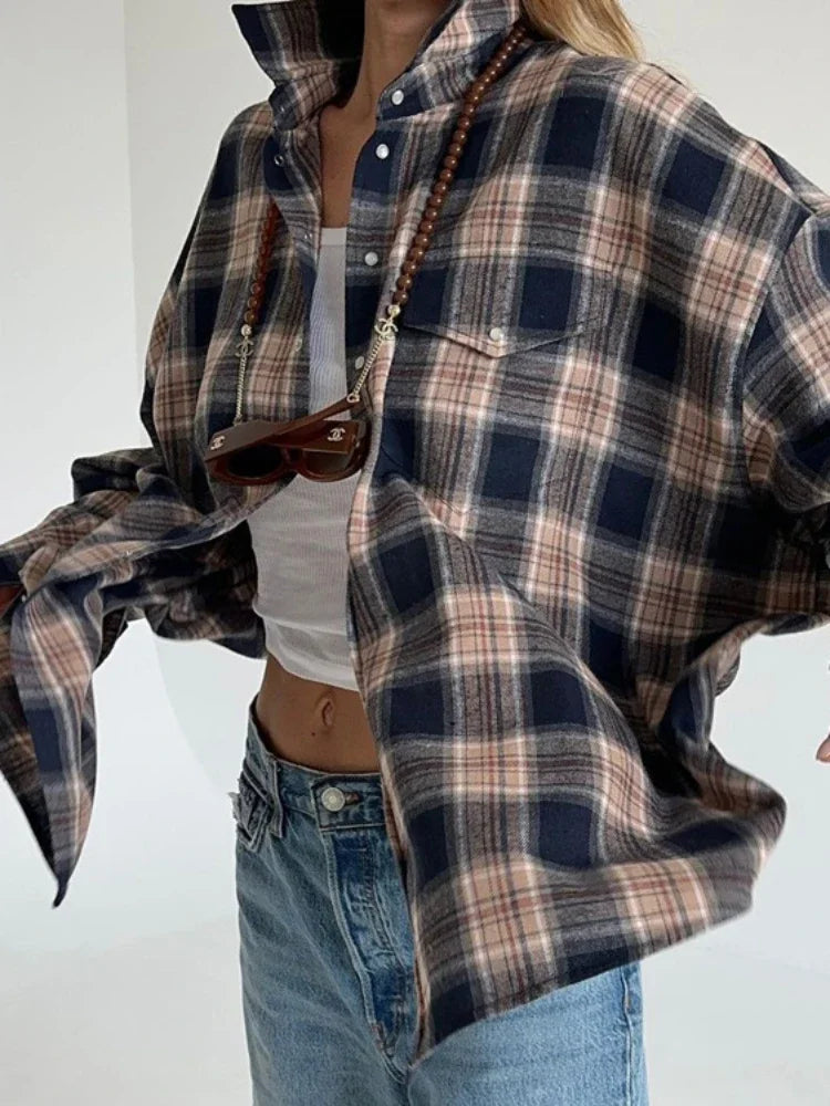 Retro Blouse Autumn Winter Loose Long Shirts Female Plaid Basic Street Cardigan Woman Clothing