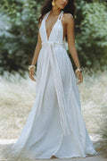 Summer Whispers Linen Blend Draped Braids Deep V-neck Halter Backless Cover Up Maxi Dress