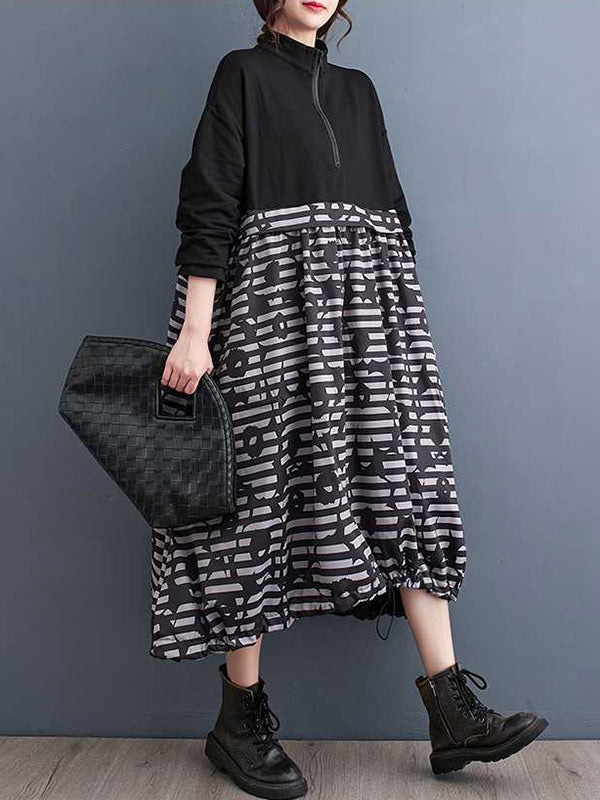 Long Sleeves Loose Drawstring Printed Split-joint Zipper Midi Dresses