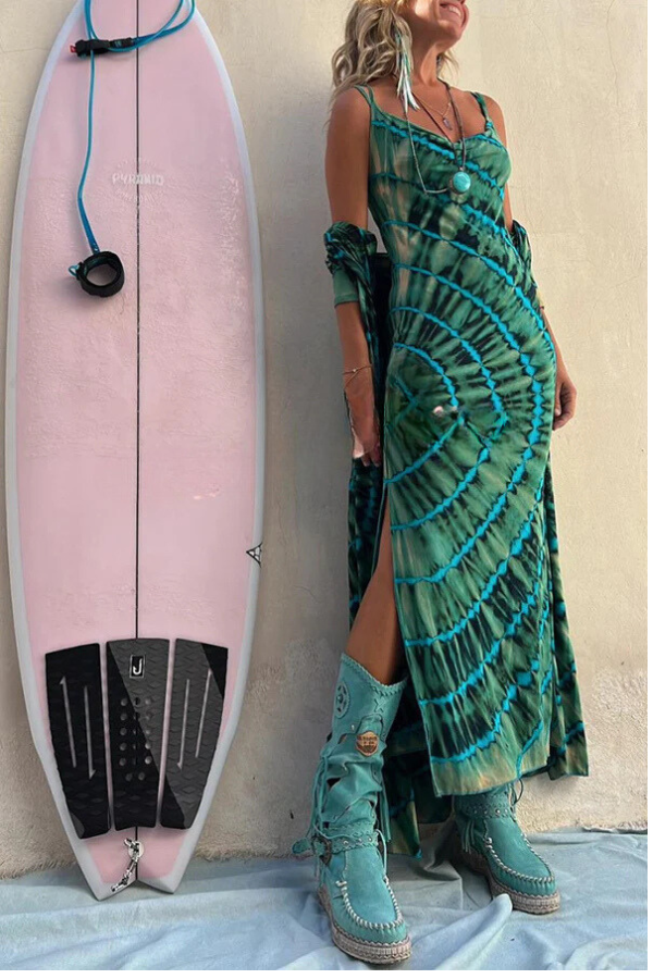 Tie-dye Print Cowl Neck Stretch Slit Midi Dress