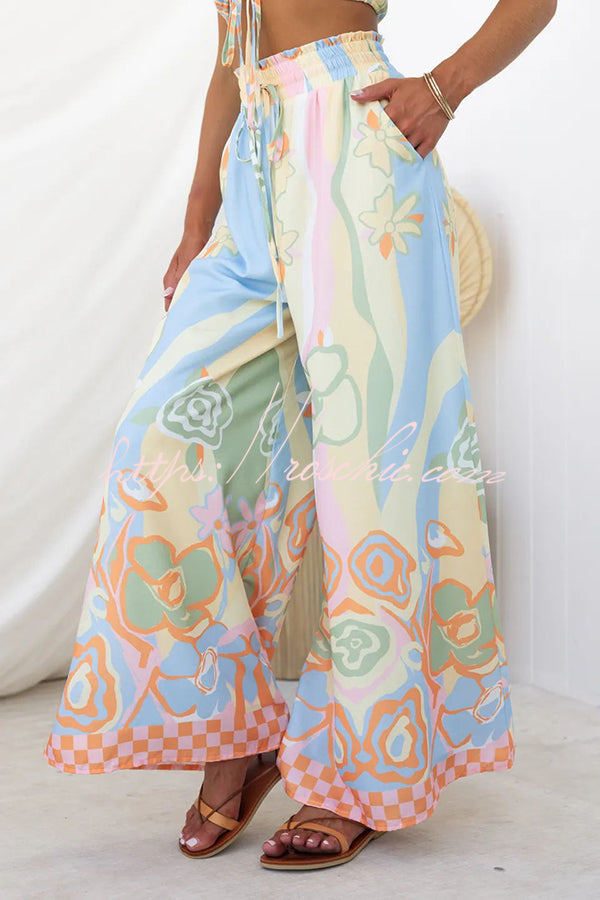It's Your Vacation Print Elastic Drawstring Waist Pocket Wide Leg Pants