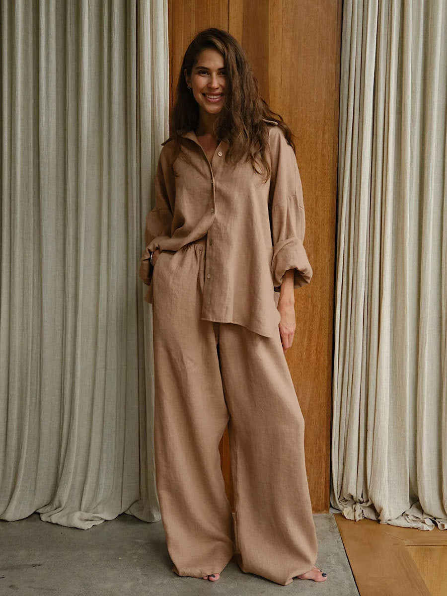Cotton and Linen Shirt Drawstring Wide-leg Pants Set
