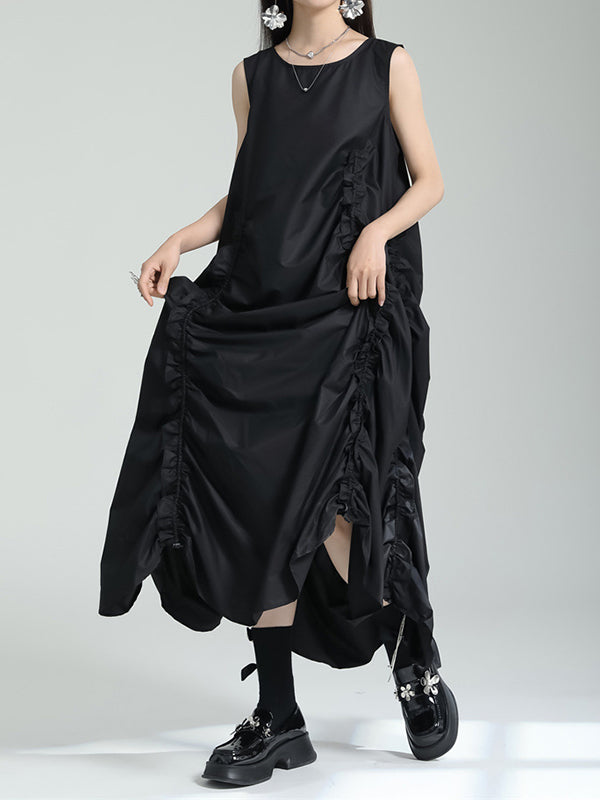 Irregular Clipping Loose Color Round-neck Midi Dresses