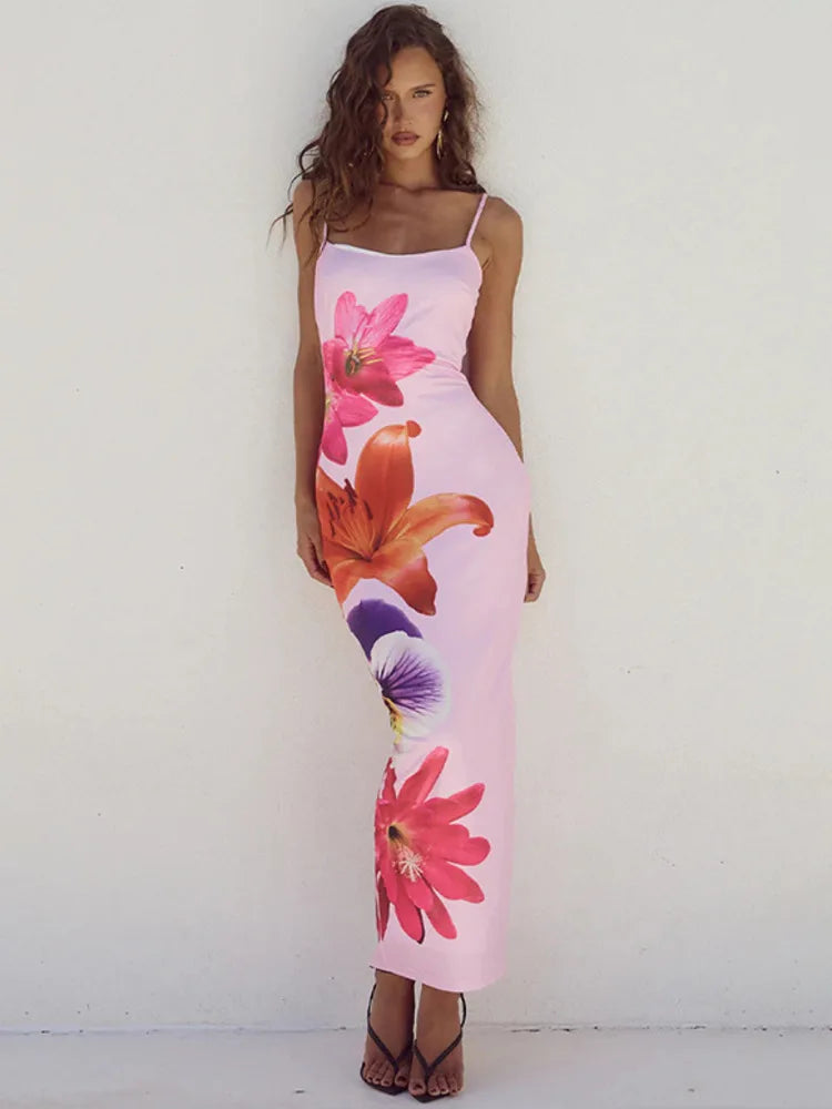 Floreal Print Long Dress for Gown Summer New Spaghetti Strap Sleeveless Backless Bodycon Midi Dress