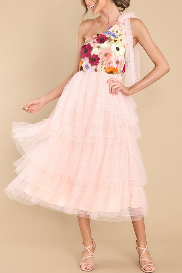Midnight Garden Embroidered Applique One Shoulder Tiered Tulle Midi Dress