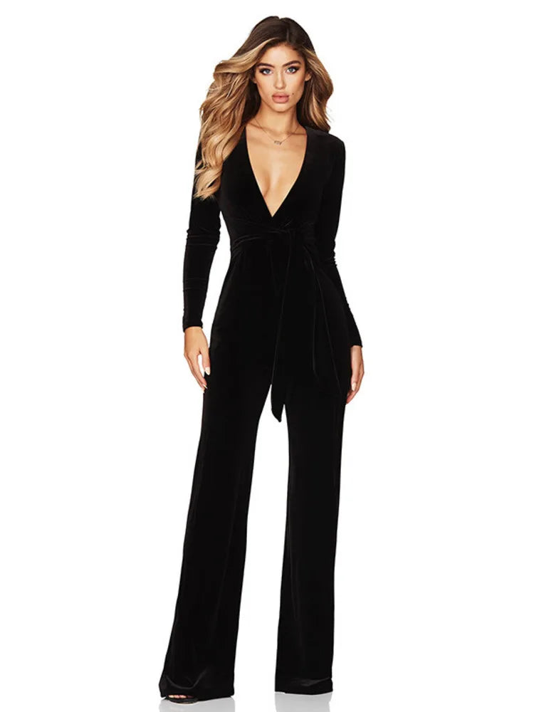 Re Velvet Elastic Slim Jumpsuit Deep V-belt Jumpsuit Korean Long Sleeved Jumpsuit Autumn Winter