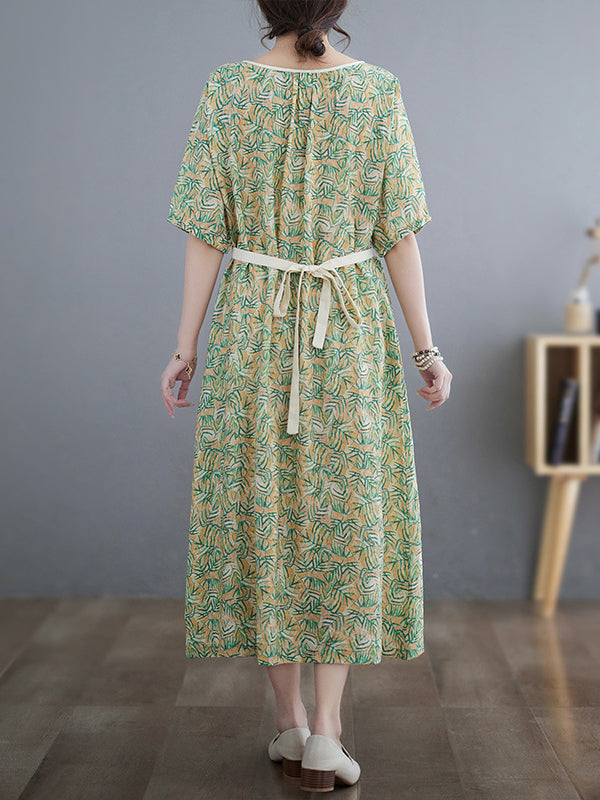 Loose Short Sleeves Hollow Pleated Printed Split-joint Round-neck Midi Dresses