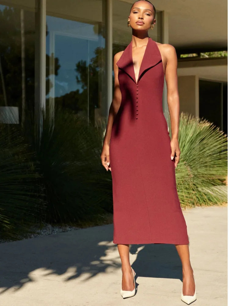 Artcat Sleeveless Button Bodycon Long Dress Deep V Party Evening Dress Autumn/winter New Silm Female Vestdos