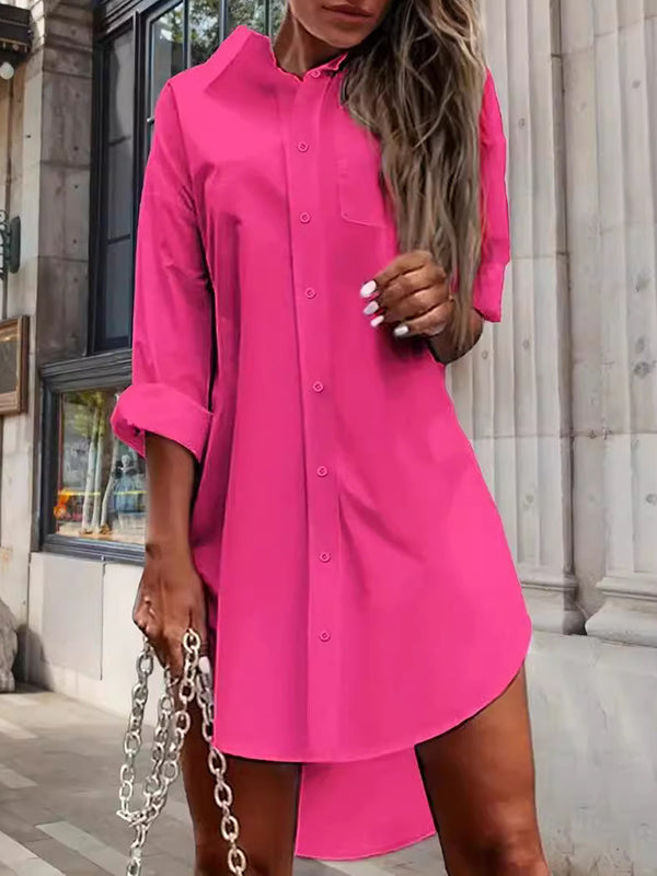 High-low Long Sleeves Color Split-side Lapel Mini Dresses Shirt Dress