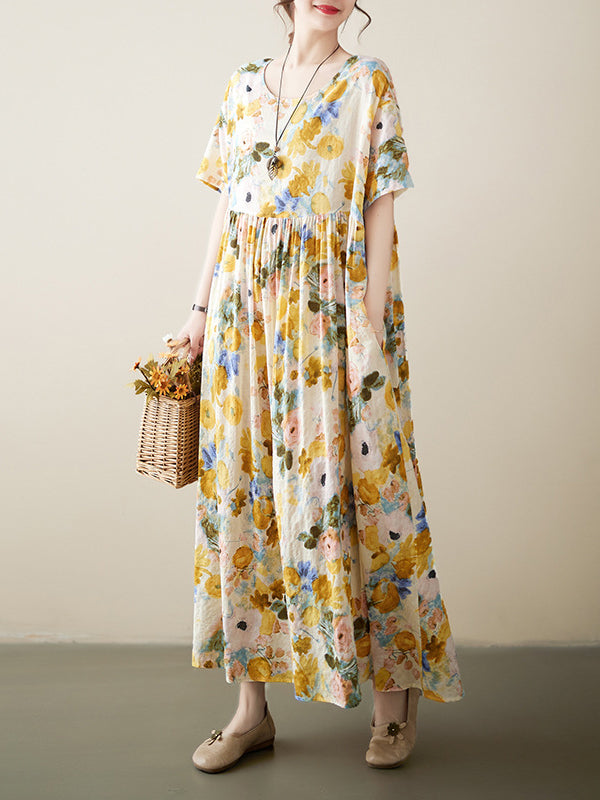 A-line Loose Printed Round-neck Midi Dresses
