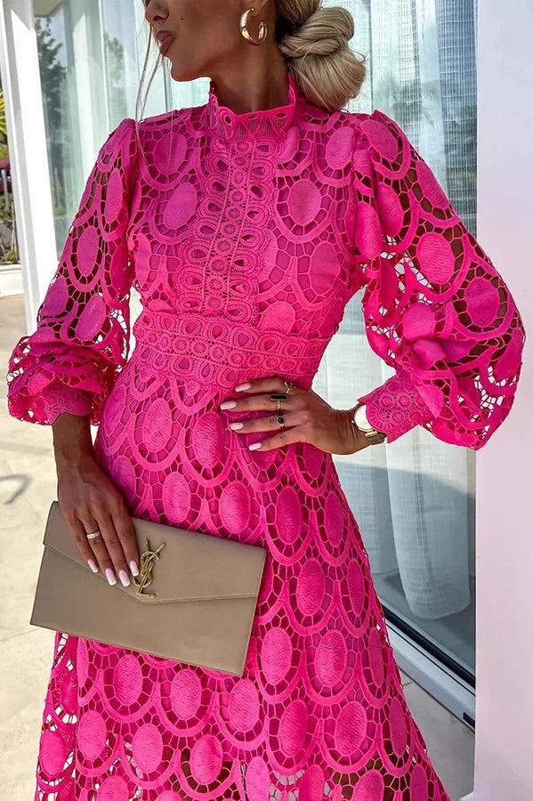 Romantic, Sensual and Crochet Lace Lantern Sleeve Party Midi Dress