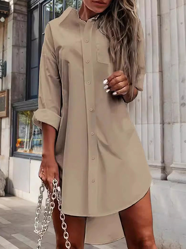 High-low Long Sleeves Color Split-side Lapel Mini Dresses Shirt Dress
