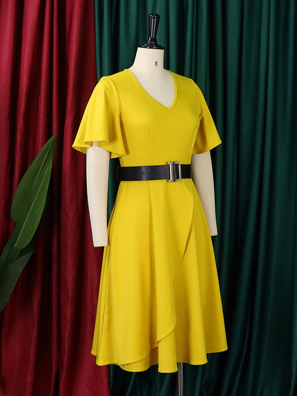 Irregular Clipping Belted Color Round-neck Midi Dresses