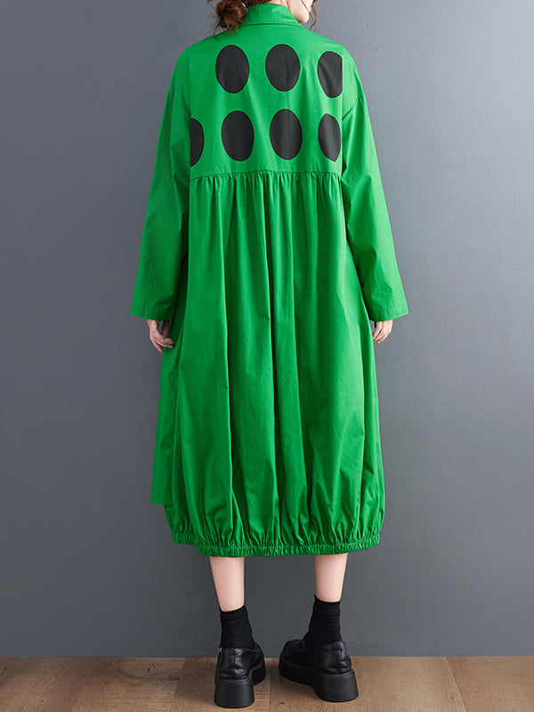 Stylish Long Sleeves A-line Polka Dot Polo Shirt Midi Dresses