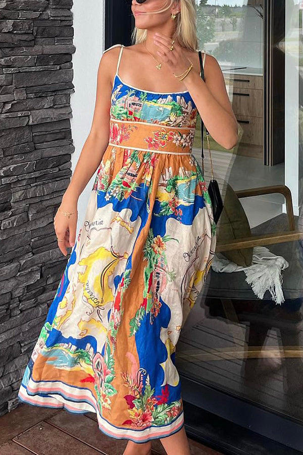 Unique Printed Lace-up Suspender Pockets Resort Style Midi Dress
