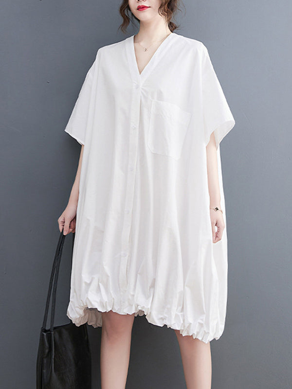 Loose Short Sleeves Color V-neck Midi Dresses