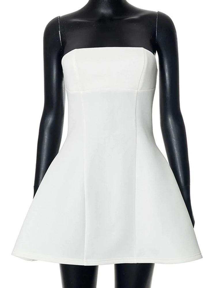 Summer White Mini Dress Female High Waist Patchwork Bandeau Backless Slim Party Dress Gown Dress New