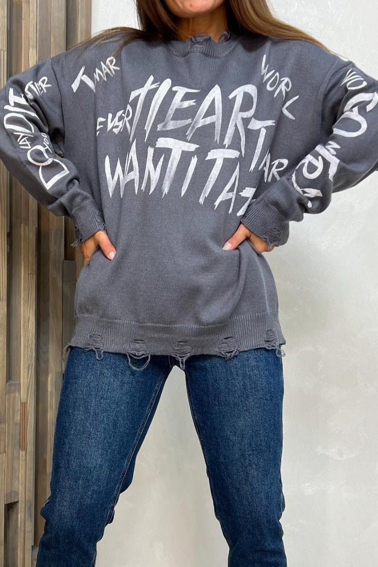 Loose Graffiti Letter Print Mid-length Knit Sweater