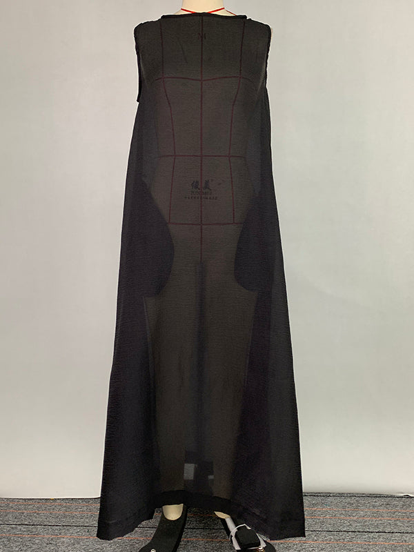 A-line Loose Pockets See-through Color Round-neck Cover-up Midi Dresses
