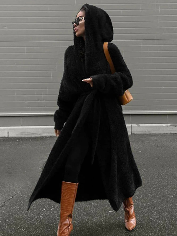 Loose Trench Coat for Lace Up Hooded Wrap Coats ’s Street Winter Warm Coat Femme New
