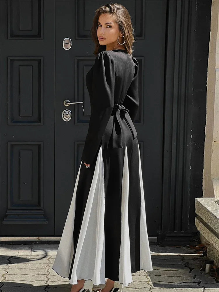 Patchwork Contrast Dress Female Lace-up Party Dress Slim High Waist Bandage Gown ’s Maxi Dress