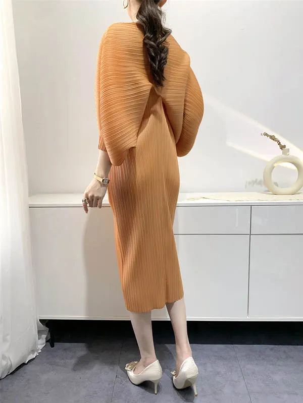 Original Creation Loose Batwing Sleeves Pleated Color V-neck Midi Dresses