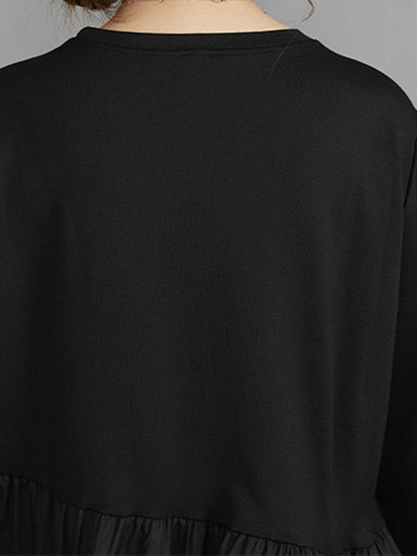Long Sleeves Loose Split-joint Color Round-neck Midi Dresses