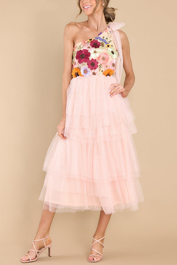 Midnight Garden Embroidered Applique One Shoulder Tiered Tulle Midi Dress