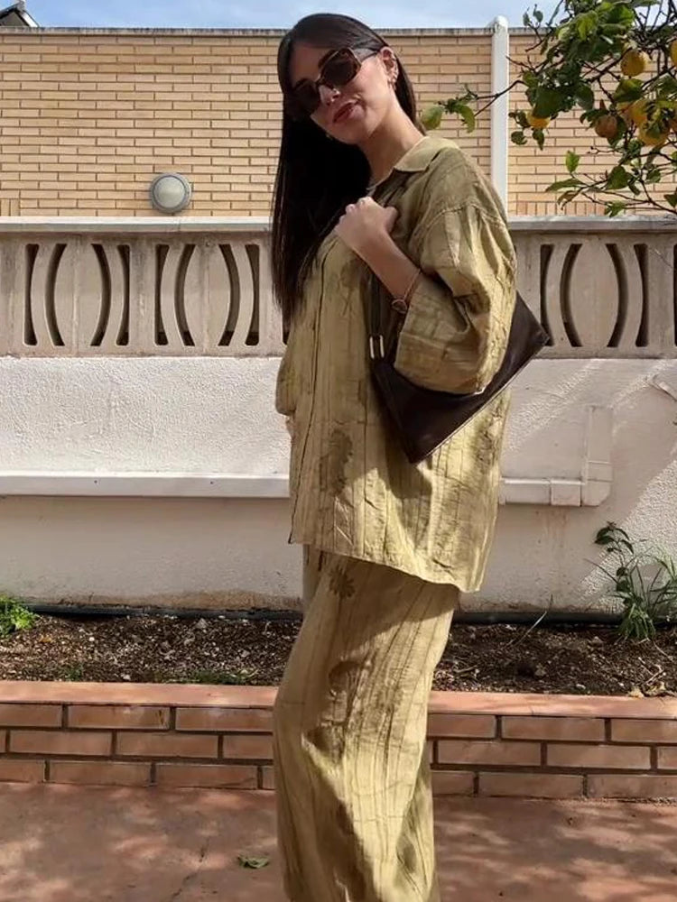 New Linen Tie-dye Print Long Pants Sets for Lapel Half Sleeve Single Breasted Shirts Drawstring Wide Leg Pant 2 Pieces Set