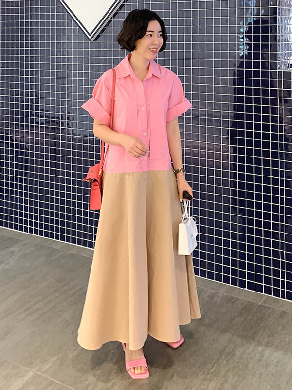 Split-joint Lapel Buttoned Short Sleeves Midi Dress