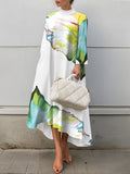 A-line High-low Asymmetric Flower Print Mock Neck Midi Dresses
