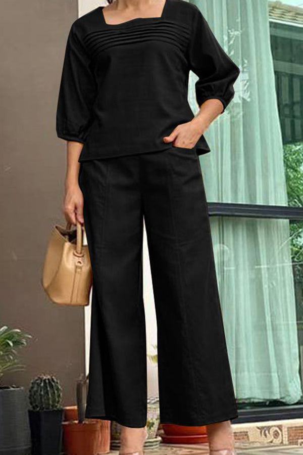 Loose Color Long Sleeved Top Wide Leg Pants Set