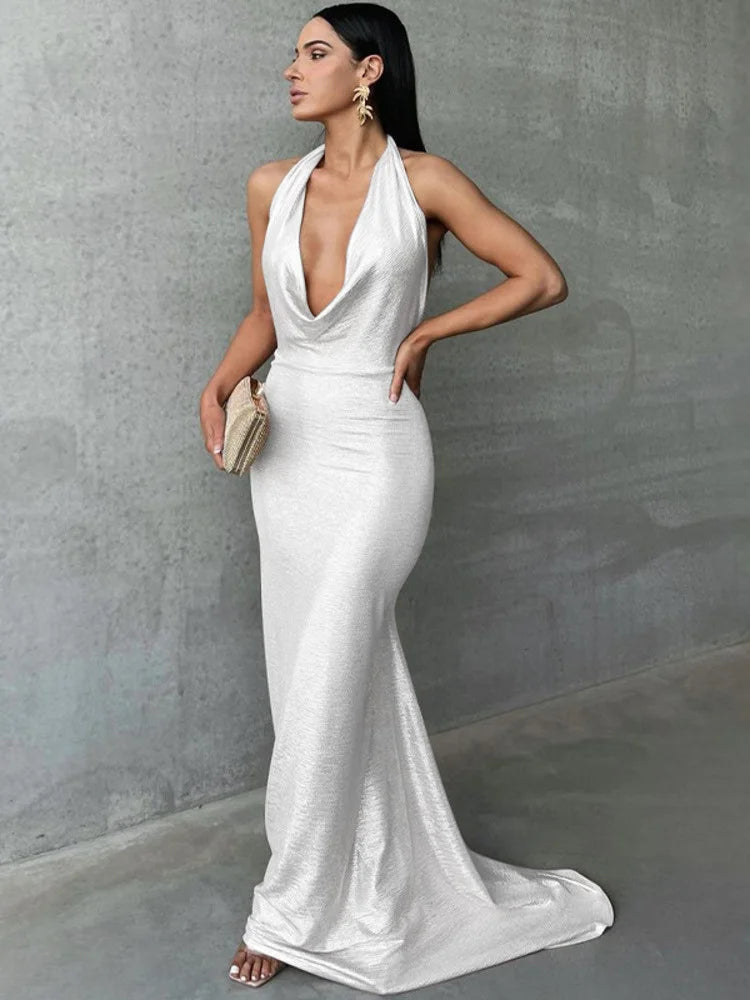 Halter Deep V Neck Backless Maxi Dress Sleeveless Temperament Fishtail Dress Party Dress