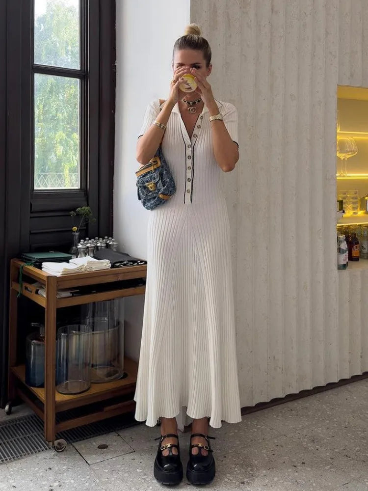 Deep V Neck Maxi Dresses for Autumn Slim Short Sleeve Vestido De Mujer Knitted Bodycon Dress Woman