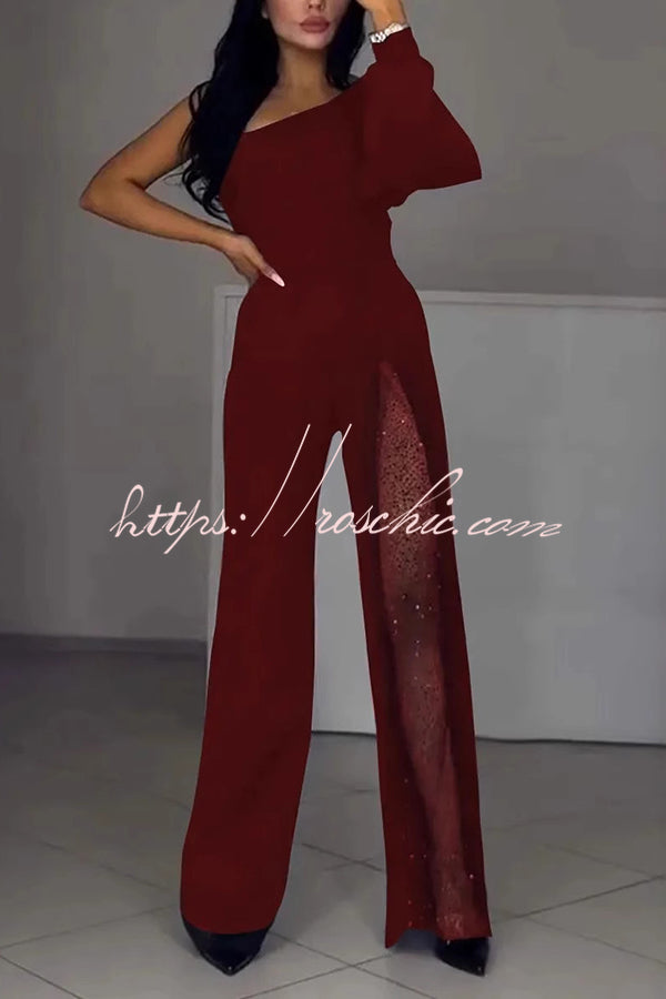 Fashionable Oblique Shoulder One-sleeve High Slit Slim Jumpsuit