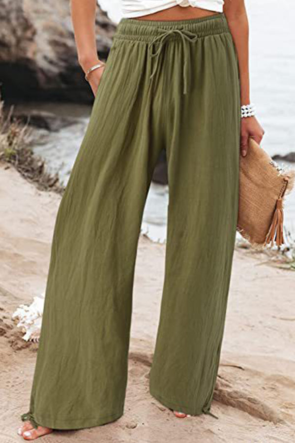 Cotton Linen Wide-leg Drawstring Beach Pants Pants