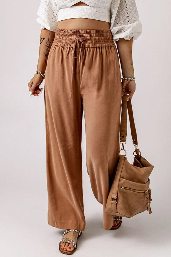 Drawstring Shirred Elastic Waist Wide Leg Pants