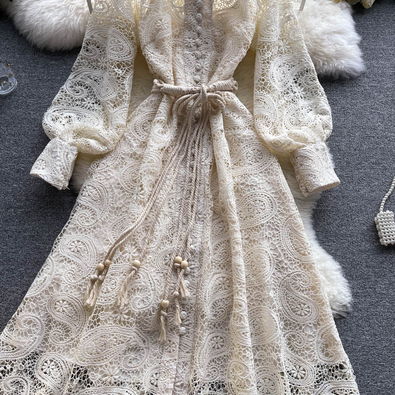 Apricot Cashew Flower Lace Embroidery Single Breasted Lantern Sleeve Midi Dress