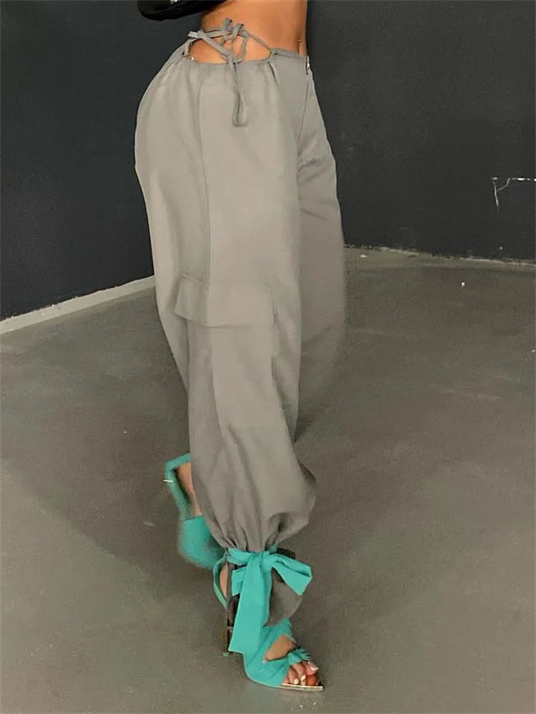 Pink Lace-up Cargo Pants for Wide Leg Baggy High Street Pocket Trousers Hollow Out Designer Trousers