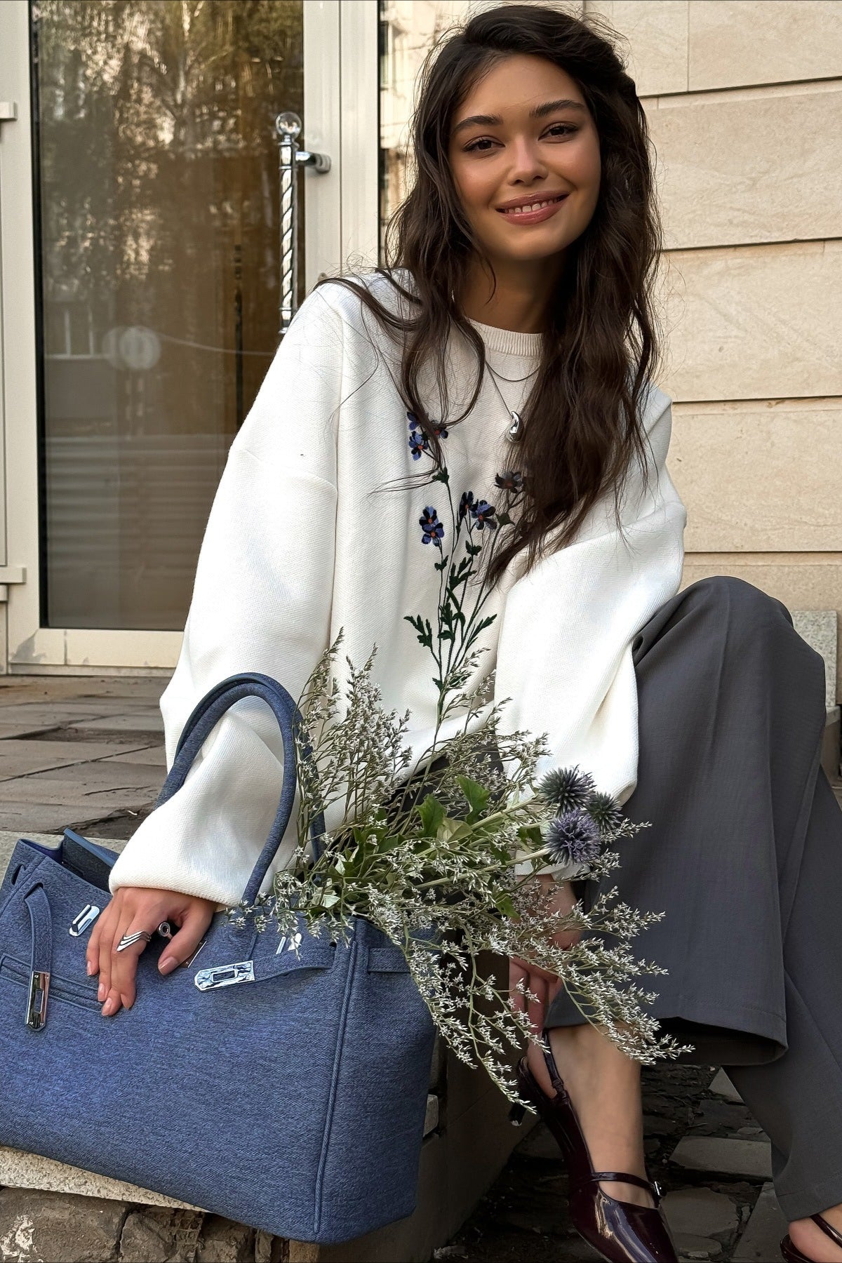 Embroidered Long Sleeve Knit Sweater