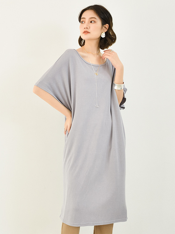 Batwing Half Sleeves Color Round-neck Midi Dresses
