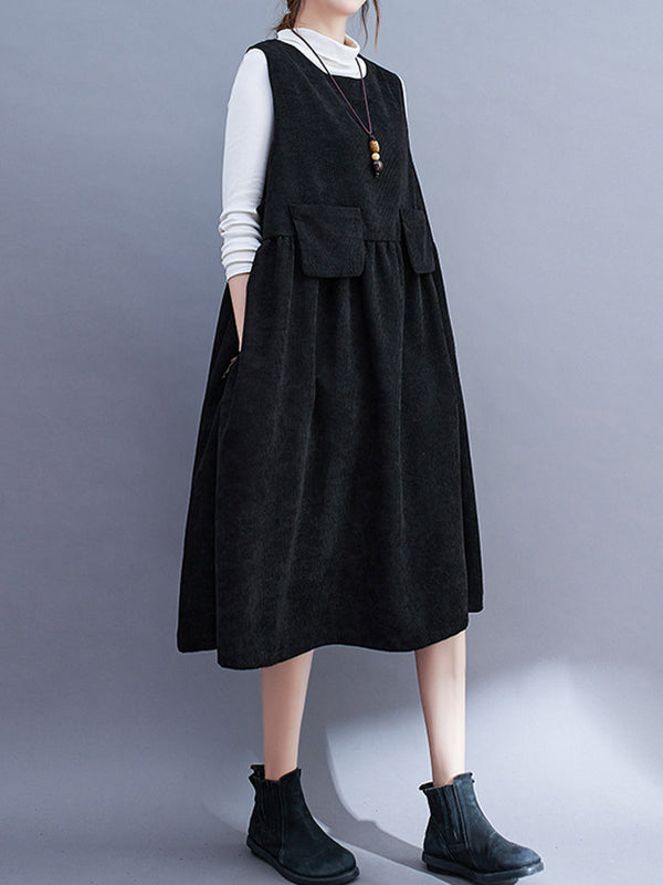 Artistic Retro Loose Sleeveless Color Round-neck Midi Dresses