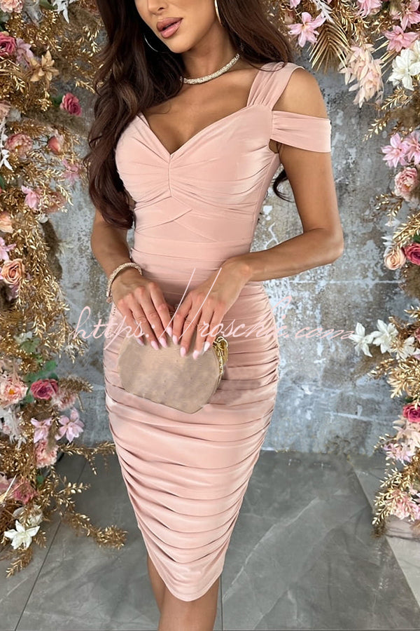 Raise a Toast Cold Shoulder Ruched Pencil Midi Dress