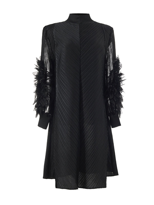 Long Sleeves Loose Embroidered Pleated Color Round-neck Midi Dresses